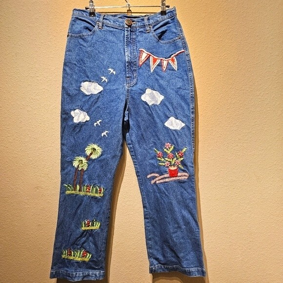 Denim - Indigo Moon Vintage Embroidered Straight Leg Ankle Length Jeans Size M